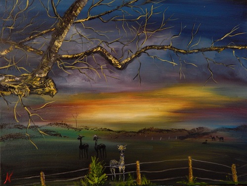 Twilight at the Ranch Alpaca painting by Dr. Nancy James